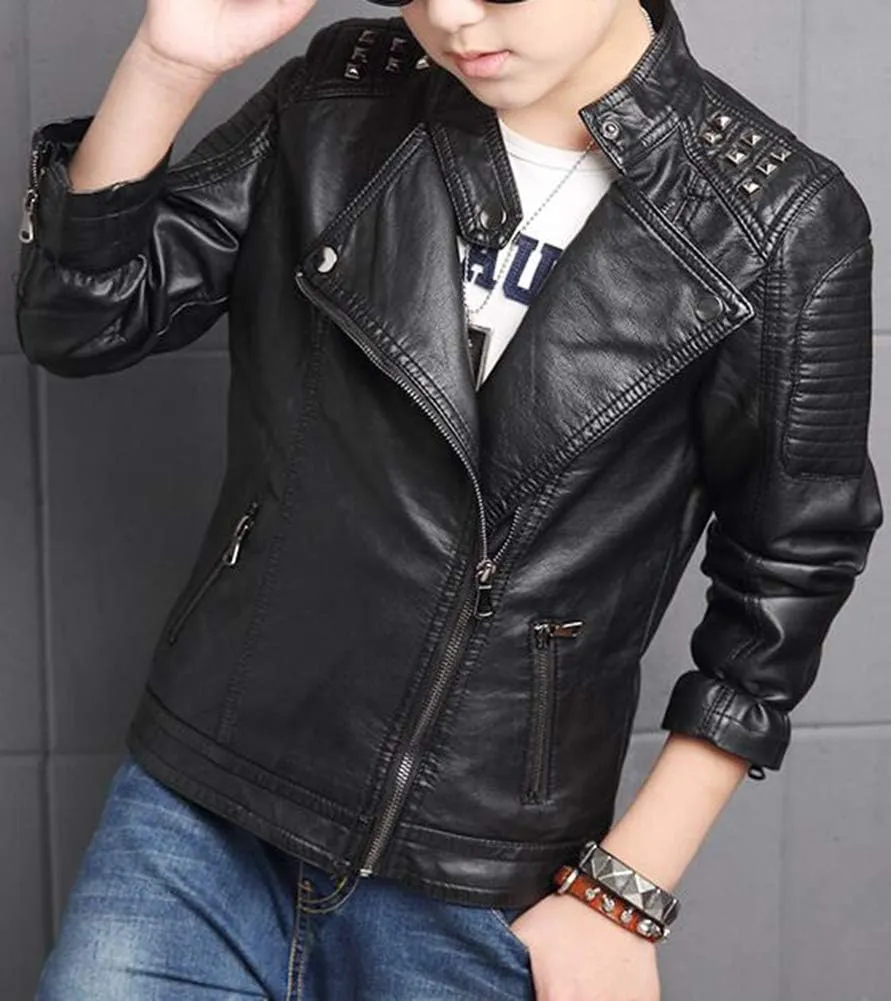 Boys Girls Spring Motorcycle Faux Leather Studded Jackets with Oblique Zipper Clothing Coat
