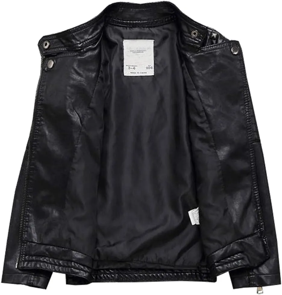 Boys Girls Spring Motorcycle Faux Leather Studded Jackets with Oblique Zipper Clothing Coat