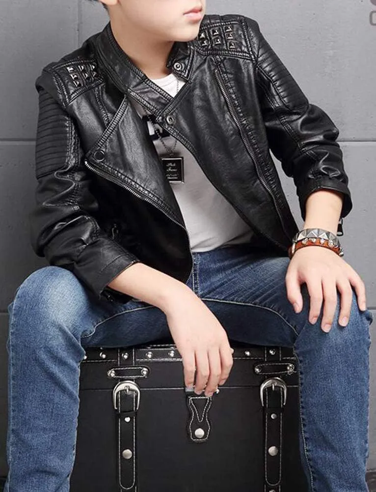 Boys Girls Spring Motorcycle Faux Leather Studded Jackets with Oblique Zipper Clothing Coat