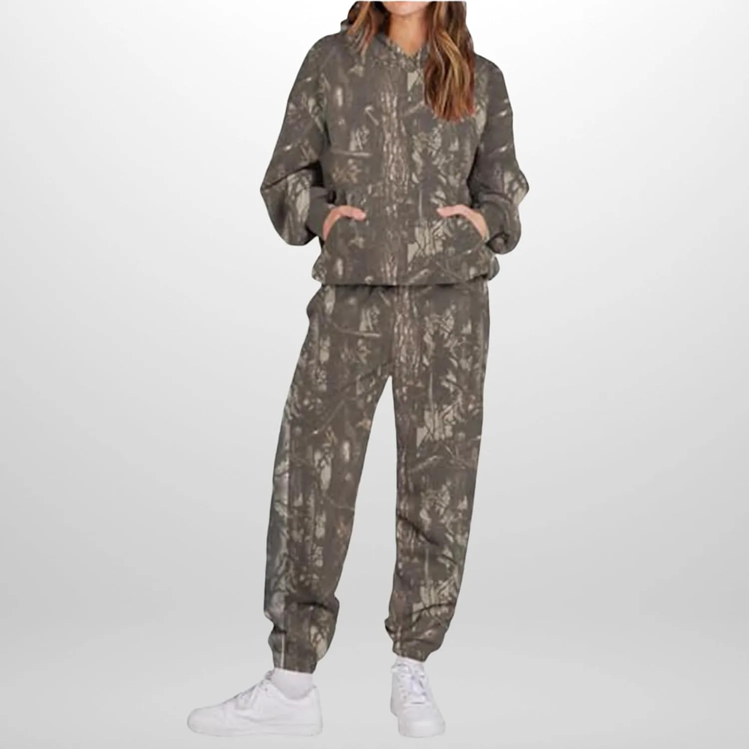 Camo Sweatsuits for Women - 2 Piece Set with Oversized Maple Leaf Print Hooded Sweatshirt & Baggy Camo Sweatpants
