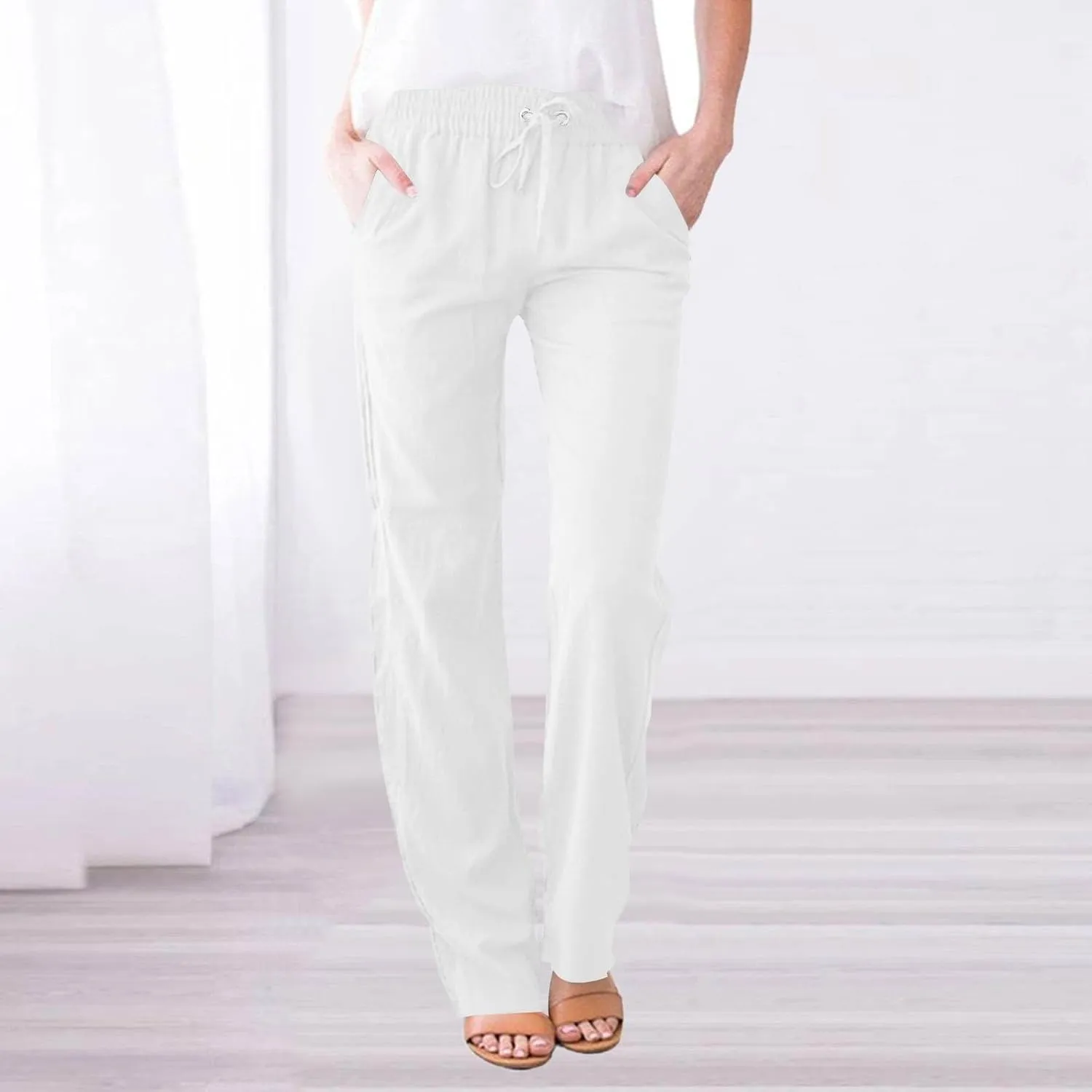 Capri Pants for Women Trousers, Petite Pants for Women Cotton Linen High Waisted Cargo Wide Leg Summer Petite