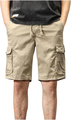 Cargo Shorts for Men Below Knee Stretch Cotton Pull On Drawstring Comfy Shorts Stretch 9 Chino Pants with Pocket