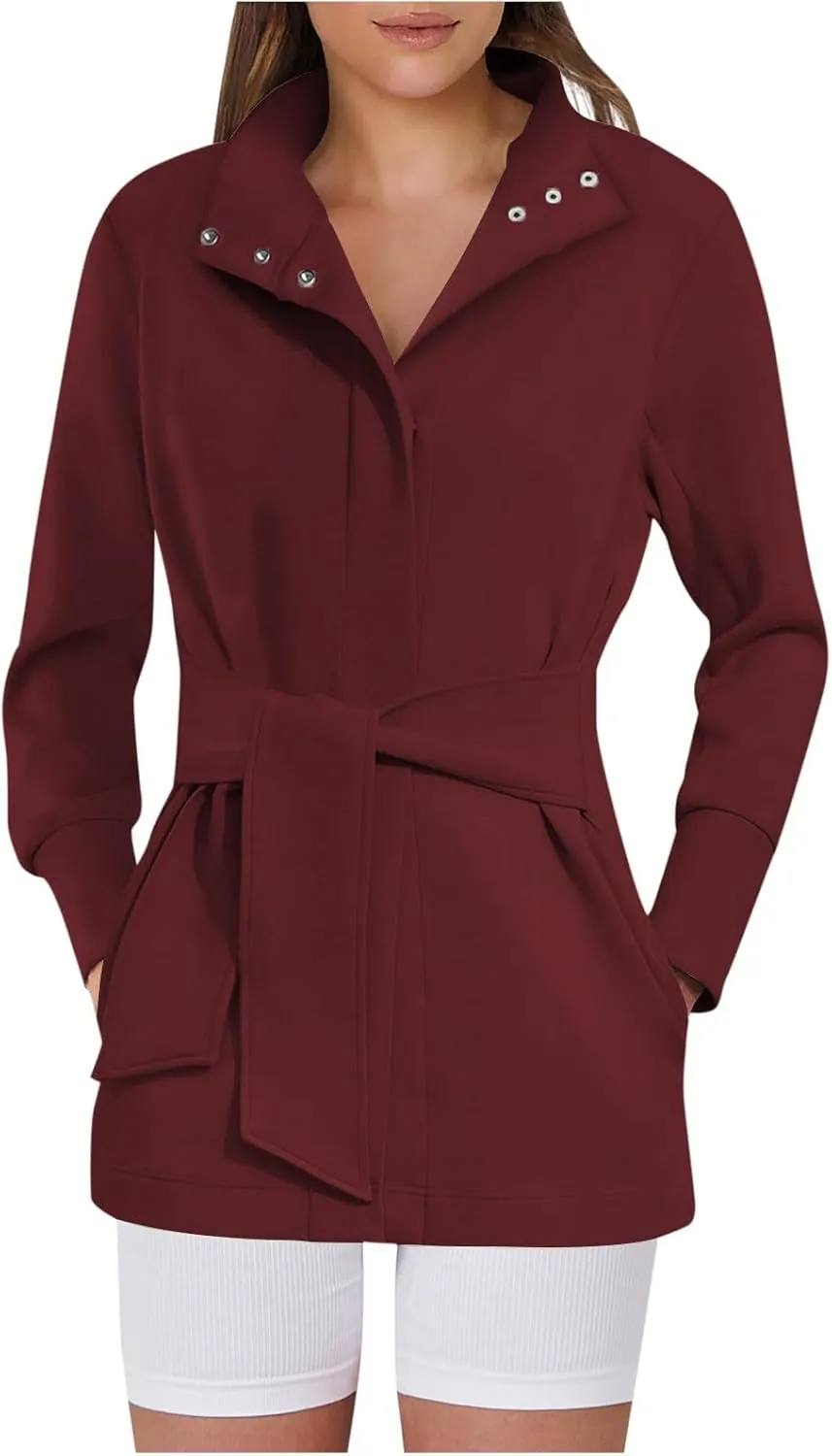 Casual Jackets for Women Long Sleeve Belted Cropped Jacket 2024 Fall Trendy Wrap Trench Coat Snap Button Outerwear