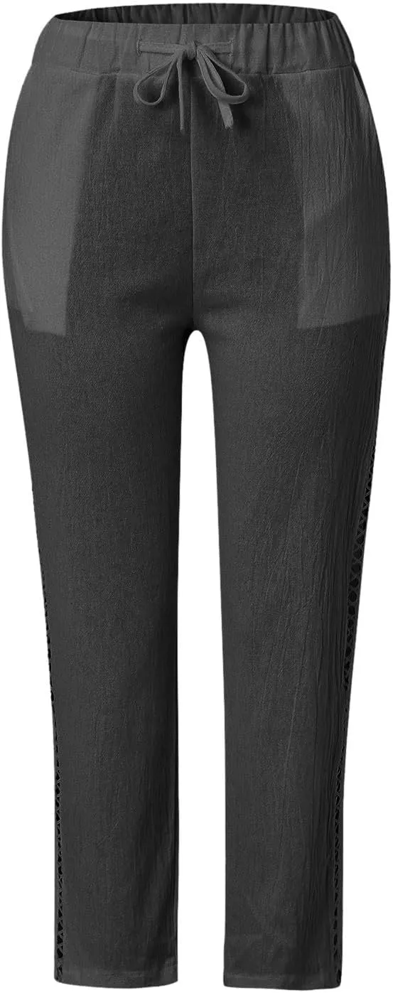 Casual Summer Pants for Women 2025 High Waist Elastic Straight Leg Pant Drawstring Cut-Out Beach Trousers