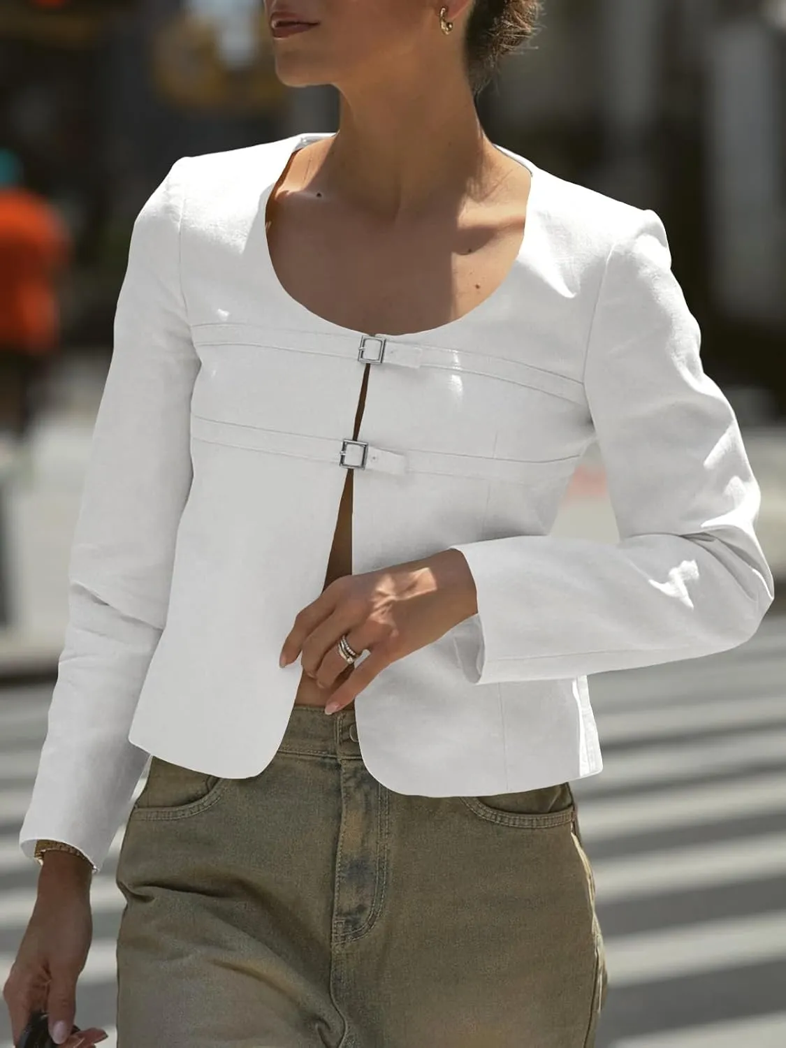 Cicy Bell Womens Cropped Blazer Jacket Long Sleeve Work Trendy Casual Tops Double Buckle Collarless Jackets