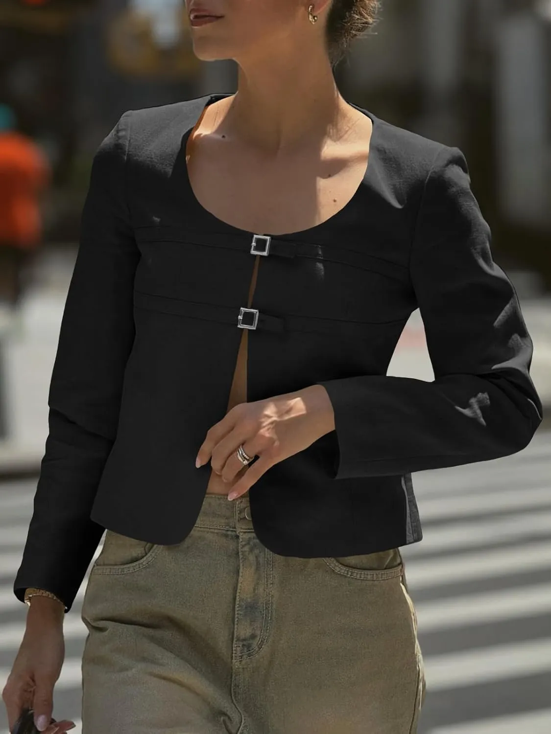 Cicy Bell Womens Cropped Blazer Jacket Long Sleeve Work Trendy Casual Tops Double Buckle Collarless Jackets