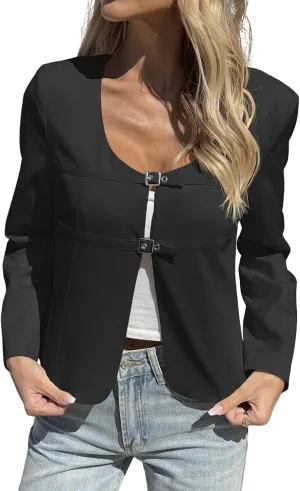 Cicy Bell Womens Cropped Blazer Jacket Long Sleeve Work Trendy Casual Tops Double Buckle Collarless Jackets