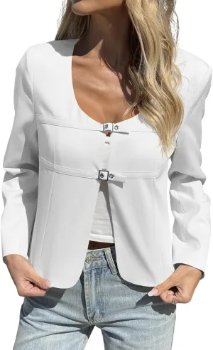 Cicy Bell Womens Cropped Blazer Jacket Long Sleeve Work Trendy Casual Tops Double Buckle Collarless Jackets