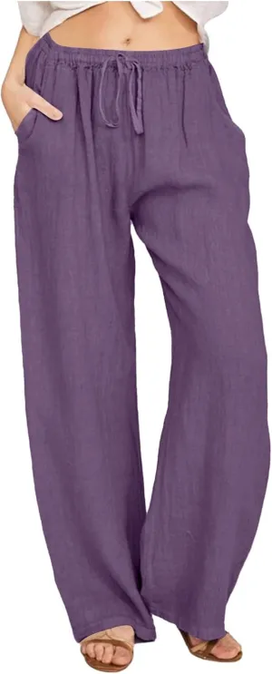Cotton Linen Pants for Womens 2025 Summer Casual Trendy Drawstring High Waist Wide Leg Soft Trousers with Pockets