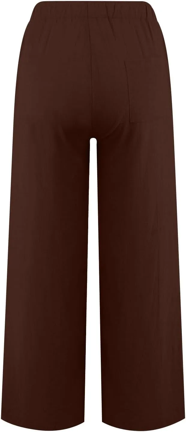 Cotton Linen Pants for Womens 2025 Summer Casual Trendy Drawstring High Waist Wide Leg Soft Trousers with Pockets