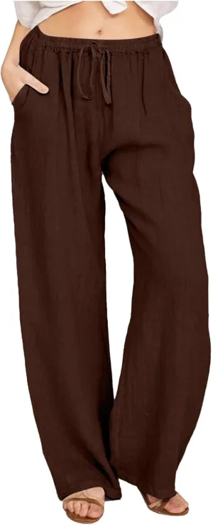 Cotton Linen Pants for Womens 2025 Summer Casual Trendy Drawstring High Waist Wide Leg Soft Trousers with Pockets