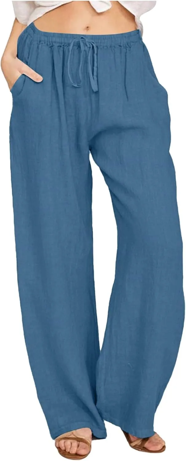 Cotton Linen Pants for Womens 2025 Summer Casual Trendy Drawstring High Waist Wide Leg Soft Trousers with Pockets