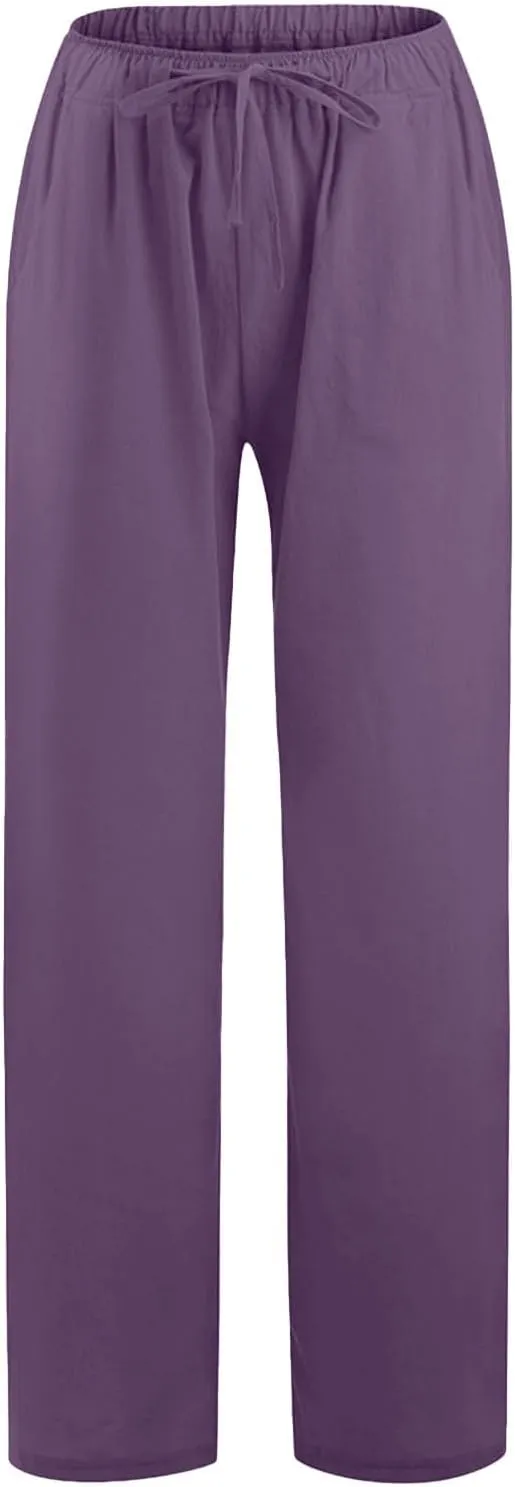 Cotton Linen Pants for Womens 2025 Summer Casual Trendy Drawstring High Waist Wide Leg Soft Trousers with Pockets