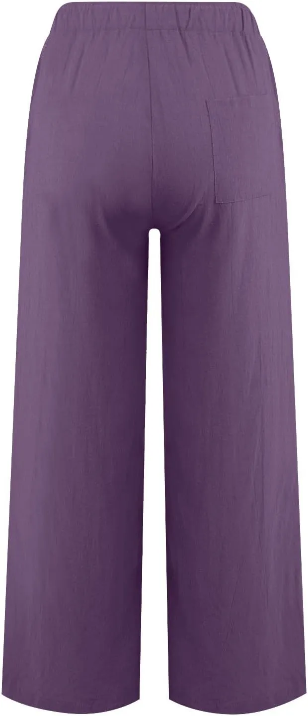 Cotton Linen Pants for Womens 2025 Summer Casual Trendy Drawstring High Waist Wide Leg Soft Trousers with Pockets