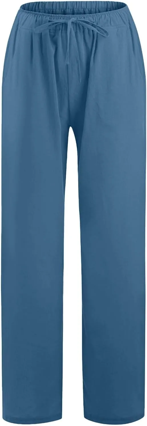 Cotton Linen Pants for Womens 2025 Summer Casual Trendy Drawstring High Waist Wide Leg Soft Trousers with Pockets