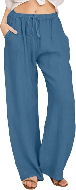 Cotton Linen Pants for Womens 2025 Summer Casual Trendy Drawstring High Waist Wide Leg Soft Trousers with Pockets