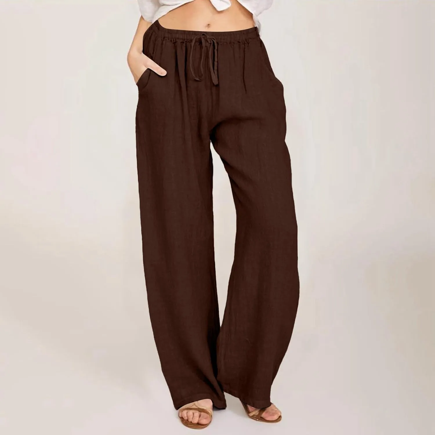 Cotton Linen Pants for Womens 2025 Summer Casual Trendy Drawstring High Waist Wide Leg Soft Trousers with Pockets