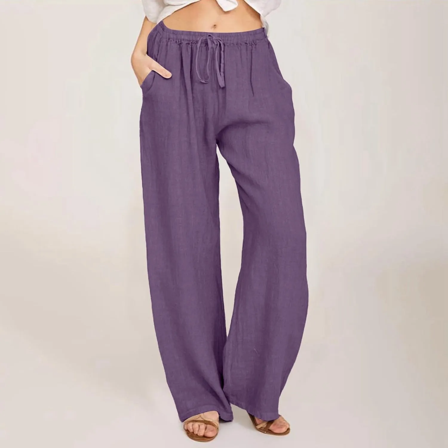 Cotton Linen Pants for Womens 2025 Summer Casual Trendy Drawstring High Waist Wide Leg Soft Trousers with Pockets