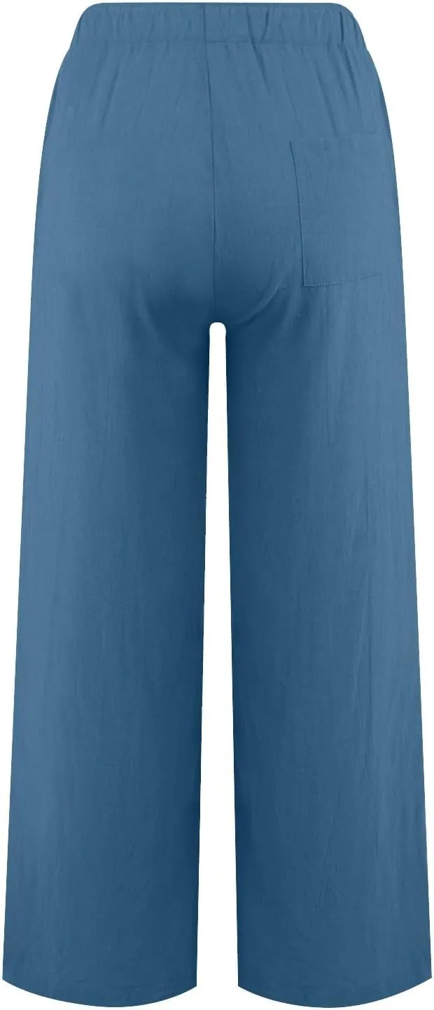 Cotton Linen Pants for Womens 2025 Summer Casual Trendy Drawstring High Waist Wide Leg Soft Trousers with Pockets