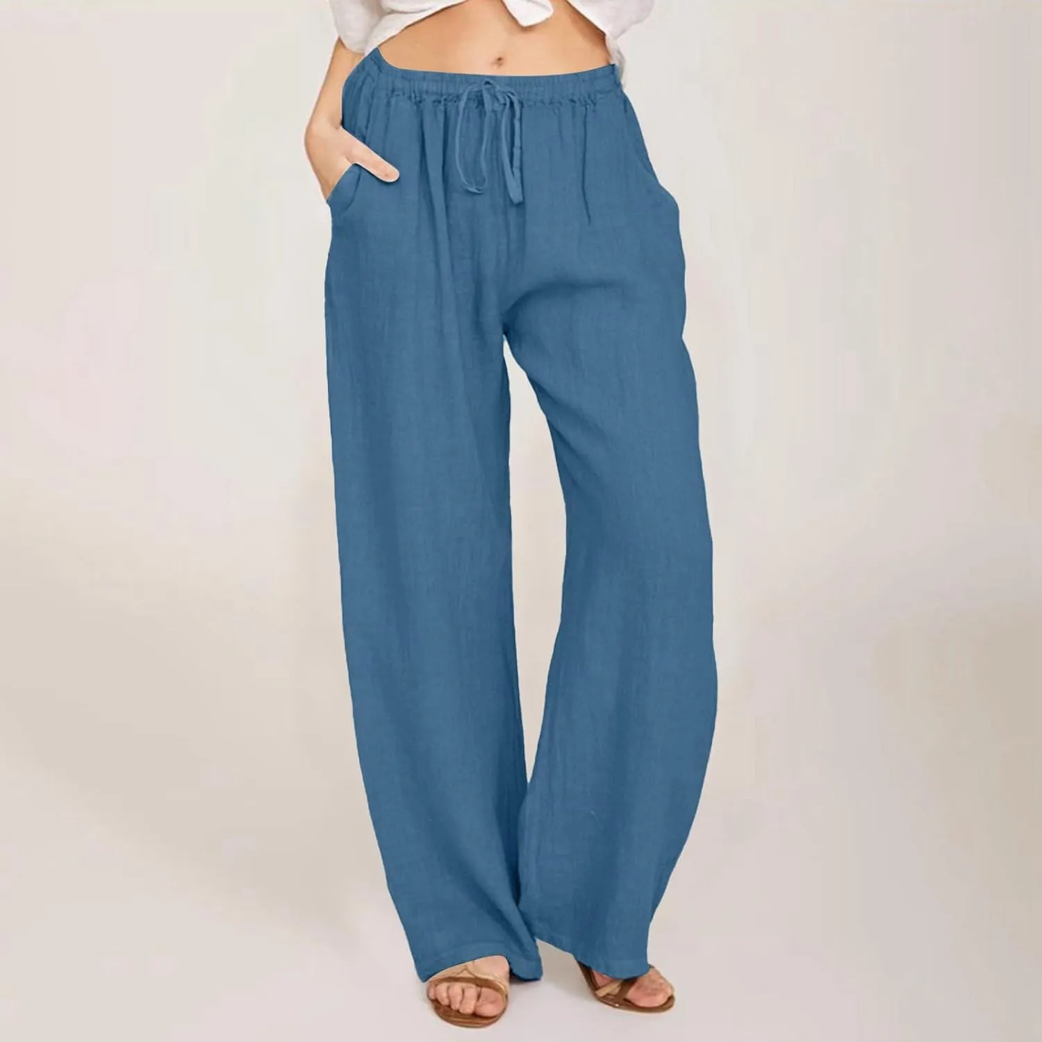 Cotton Linen Pants for Womens 2025 Summer Casual Trendy Drawstring High Waist Wide Leg Soft Trousers with Pockets