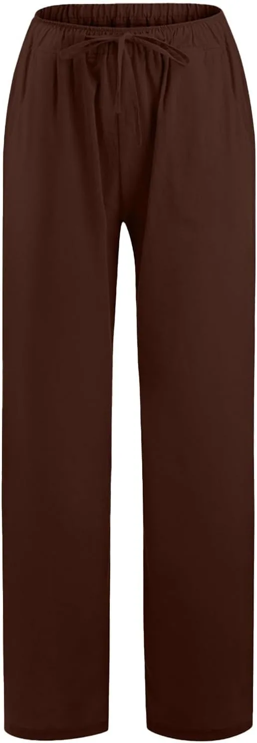 Cotton Linen Pants for Womens 2025 Summer Casual Trendy Drawstring High Waist Wide Leg Soft Trousers with Pockets