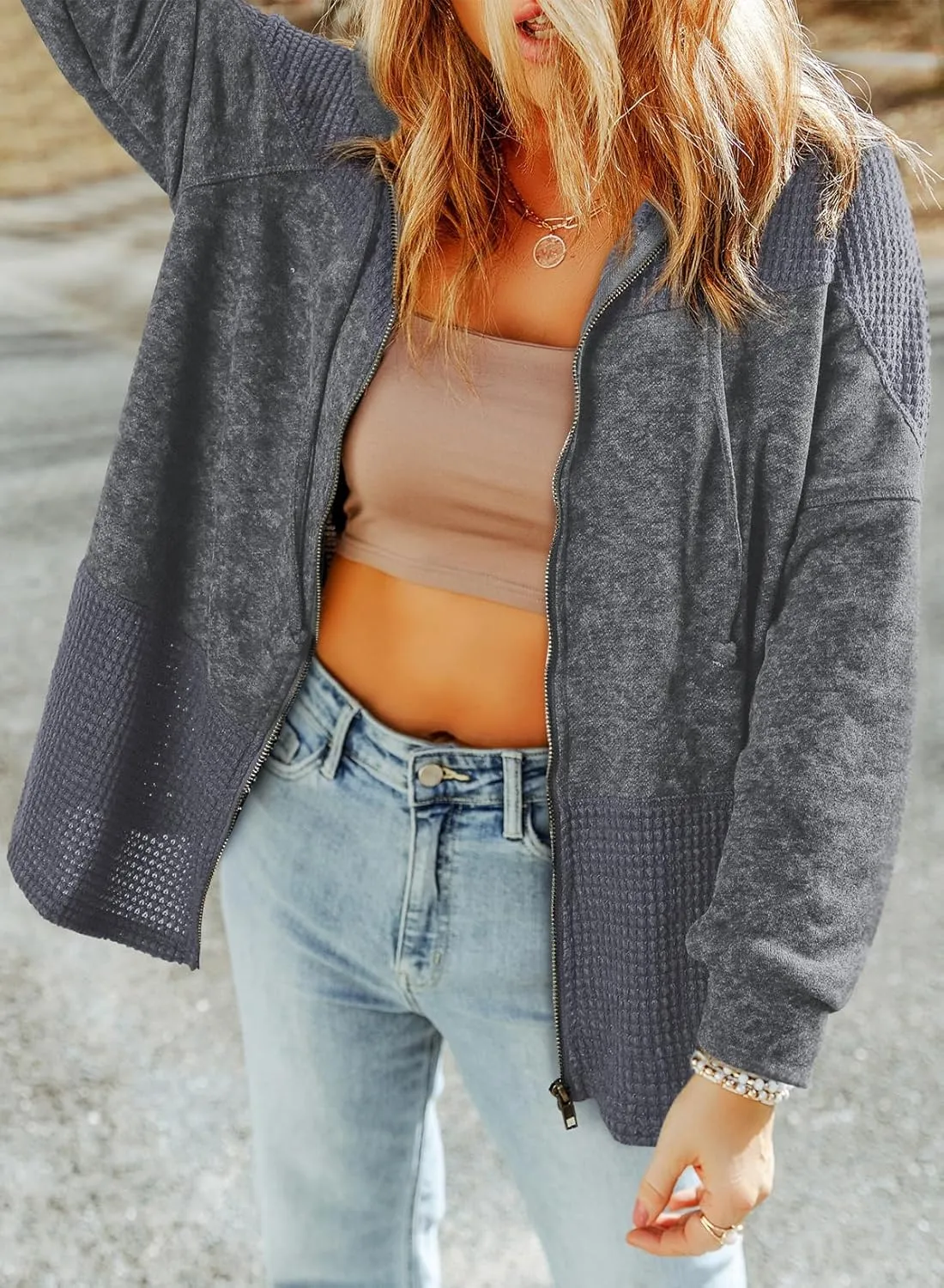 Dokotoo Waffle Knit Hoodies for Womens Zip Up Fall Outfits 2024 Drawstring Casual Oversized Jackets
