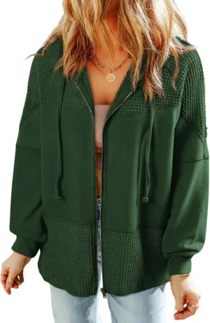 Dokotoo Waffle Knit Hoodies for Womens Zip Up Fall Outfits 2024 Drawstring Casual Oversized Jackets