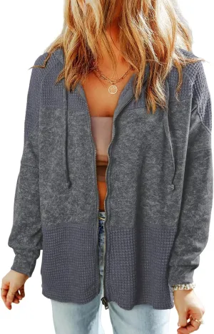 Dokotoo Waffle Knit Hoodies for Womens Zip Up Fall Outfits 2024 Drawstring Casual Oversized Jackets