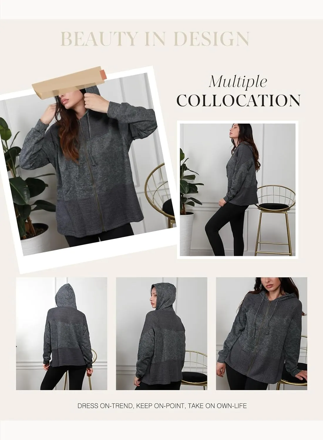 Dokotoo Waffle Knit Hoodies for Womens Zip Up Fall Outfits 2024 Drawstring Casual Oversized Jackets