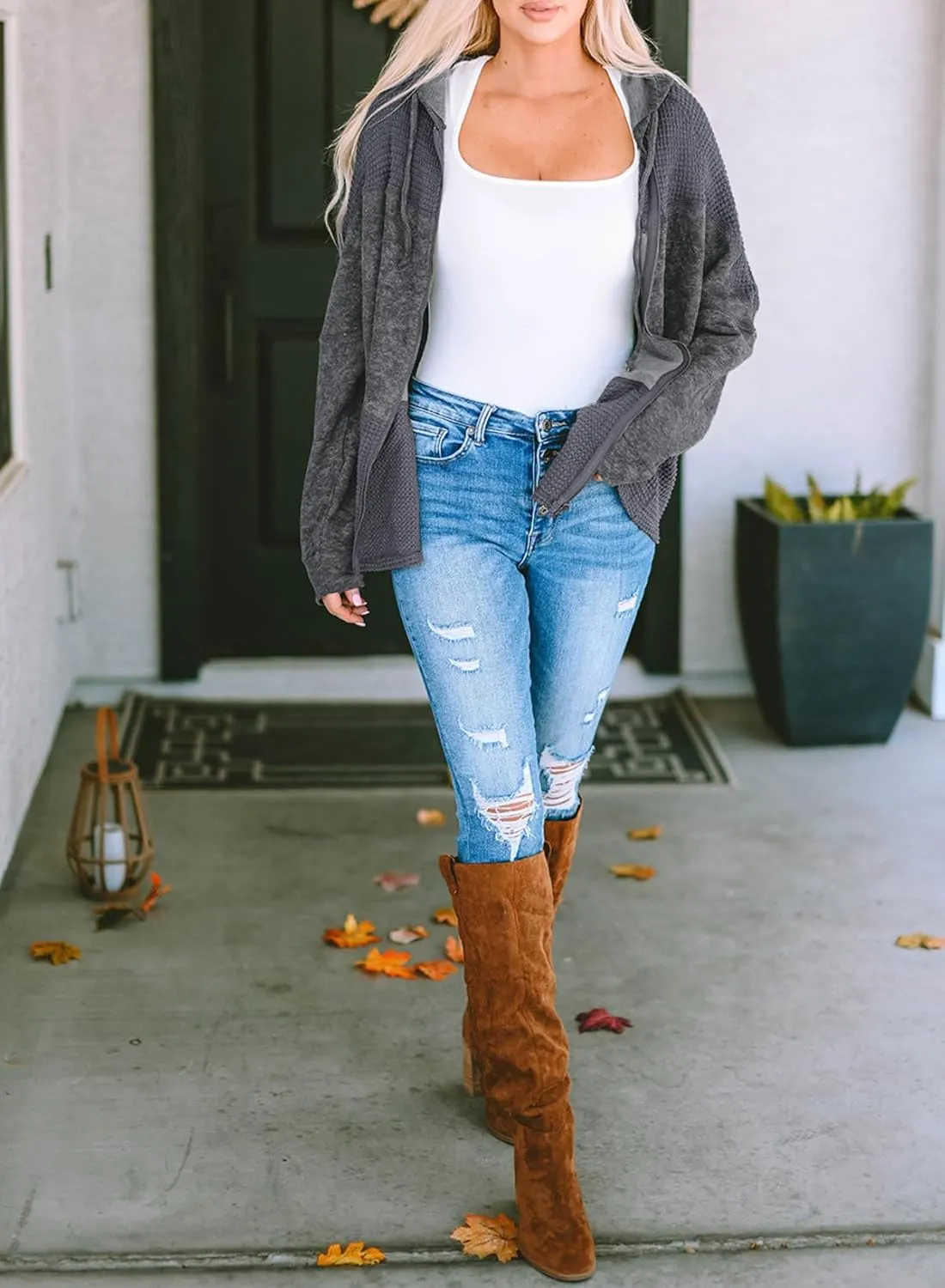 Dokotoo Waffle Knit Hoodies for Womens Zip Up Fall Outfits 2024 Drawstring Casual Oversized Jackets