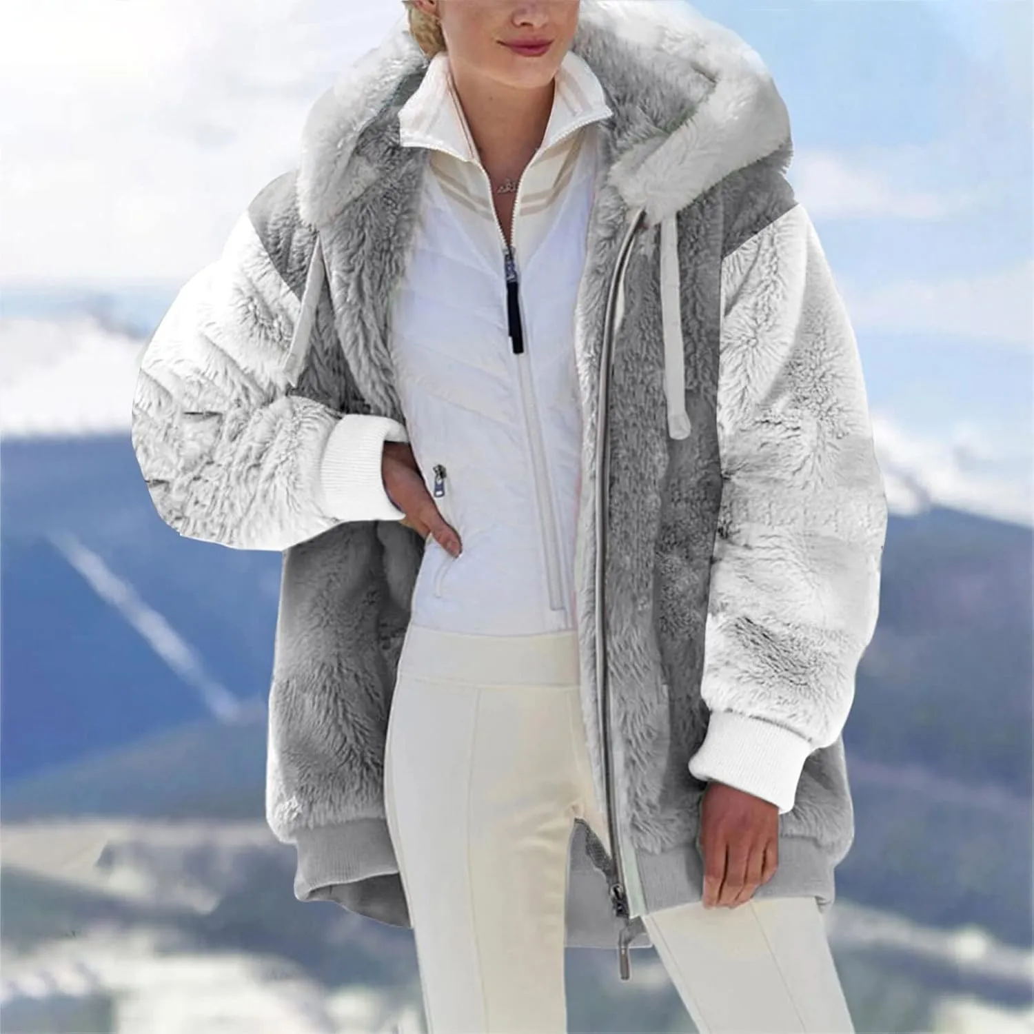 DOLKFU Women Oversized Winter Coat Jacket Zip Up Hooded Coats Shaggy Fleece Open Front Jackets Thick Sherpa Lined Warm Tops