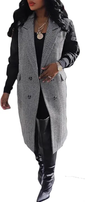Double Breasted Long Trench Coat for Women Casual Pea Duster Jackets Overcoat with Pockets Winter Trendy Outwear