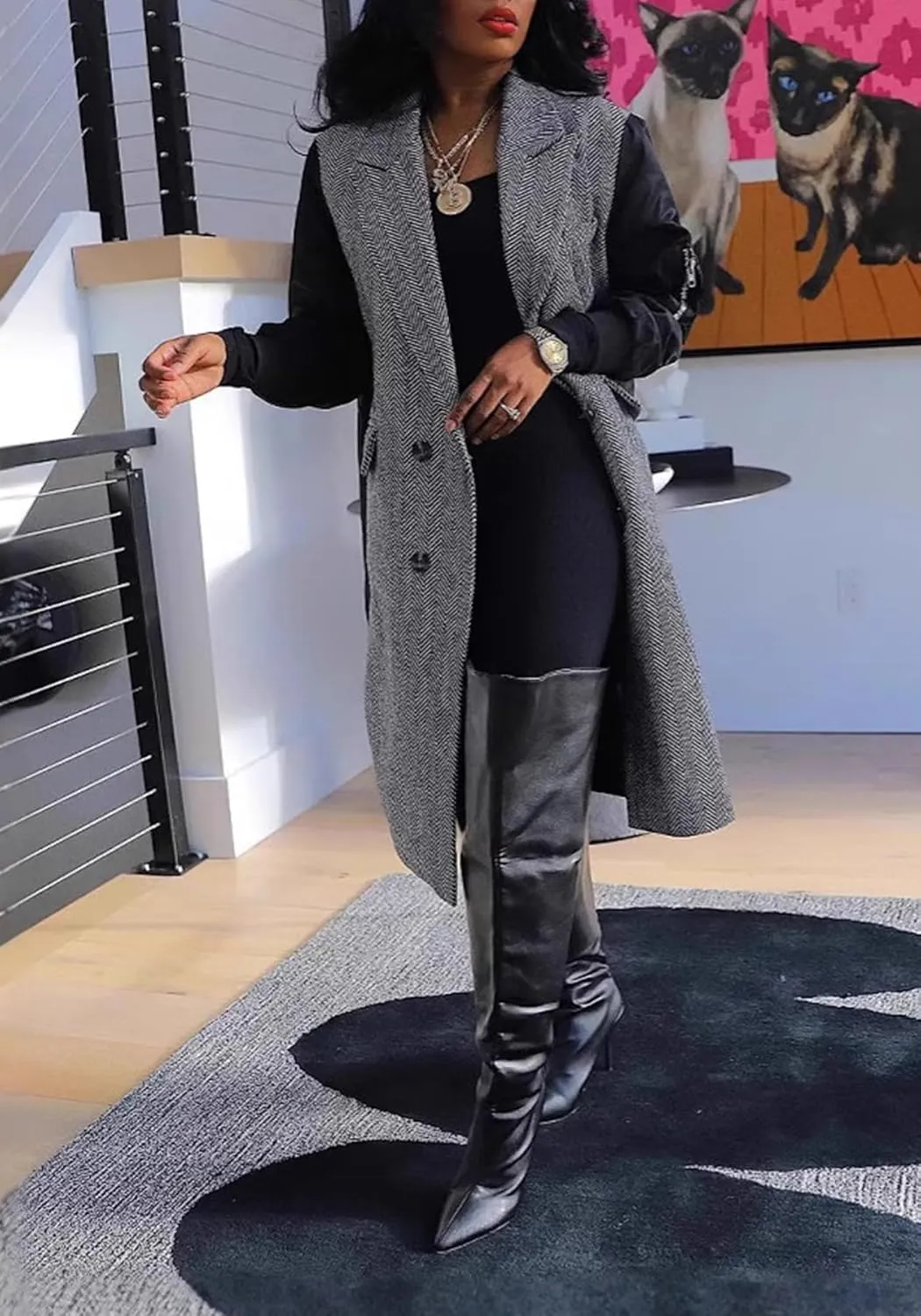 Double Breasted Long Trench Coat for Women Casual Pea Duster Jackets Overcoat with Pockets Winter Trendy Outwear