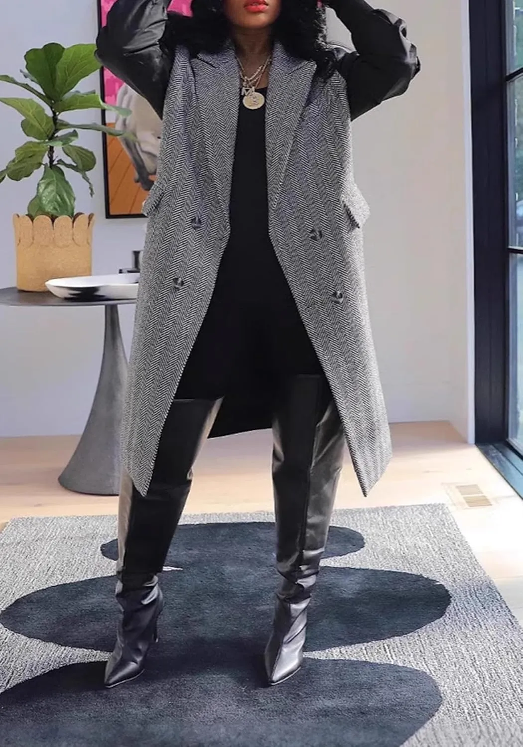 Double Breasted Long Trench Coat for Women Casual Pea Duster Jackets Overcoat with Pockets Winter Trendy Outwear