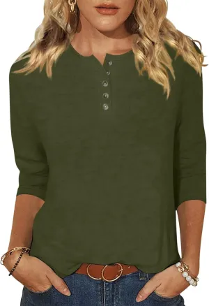 EADINVE Womens Crew Neck 3/4 Sleeve Tops Basic Button T-Shirts Solid Loose Cute Tunic Tee Blouses Fit Pullover
