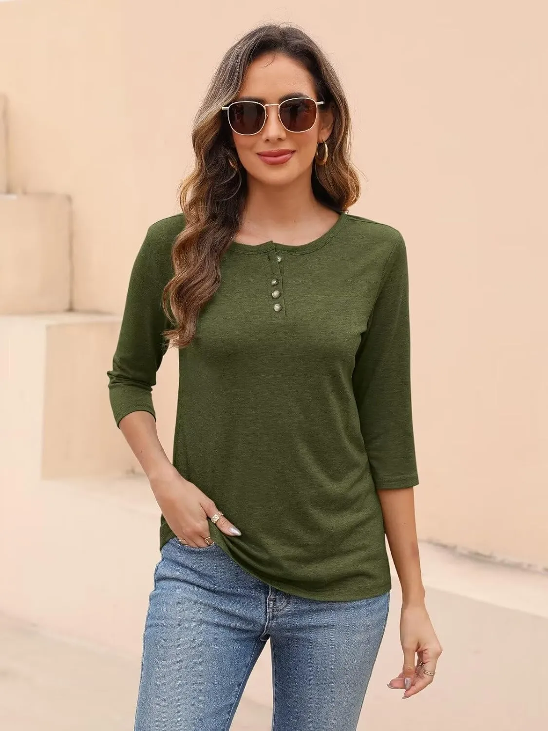 EADINVE Womens Crew Neck 3/4 Sleeve Tops Basic Button T-Shirts Solid Loose Cute Tunic Tee Blouses Fit Pullover