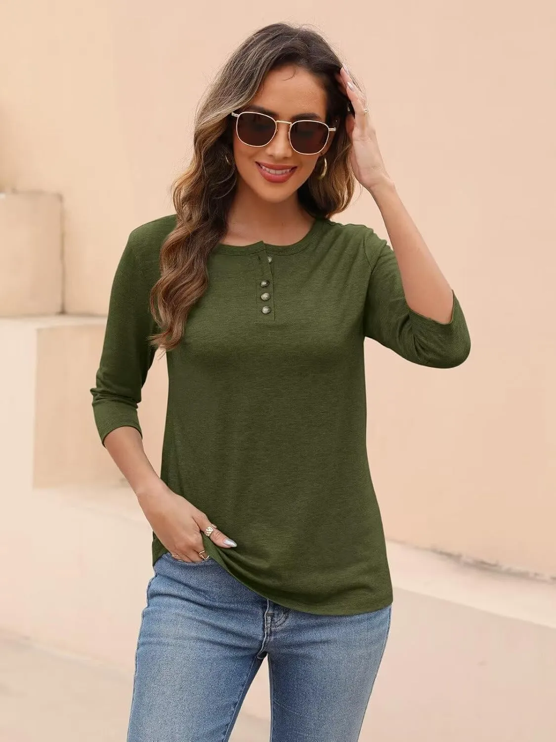 EADINVE Womens Crew Neck 3/4 Sleeve Tops Basic Button T-Shirts Solid Loose Cute Tunic Tee Blouses Fit Pullover