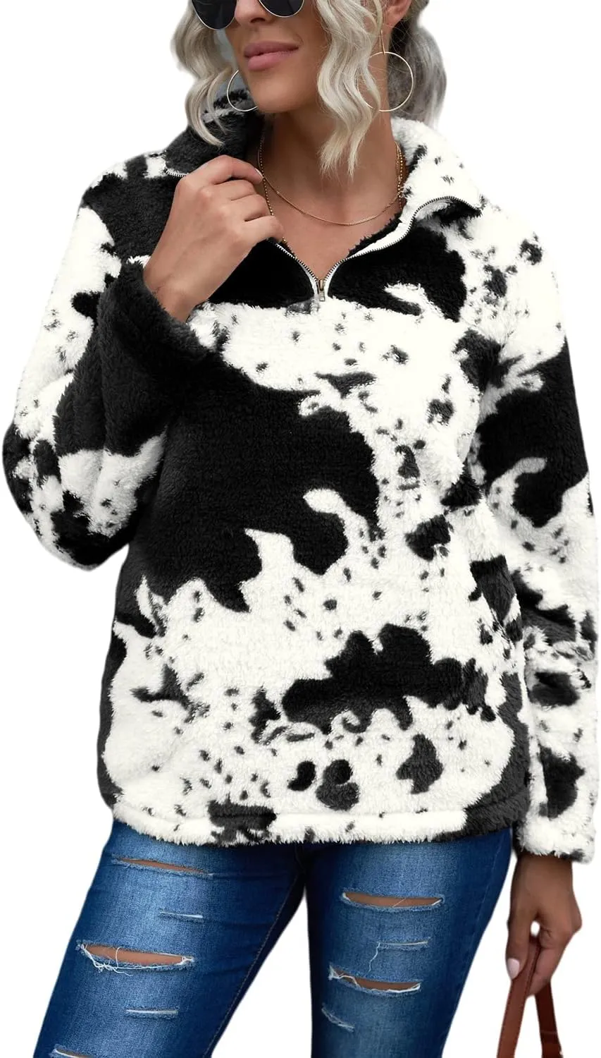 EARKOHA Womens Plus Size Long Sleeve Casual Zip Collar Cow Print Fleece Jacket Tops