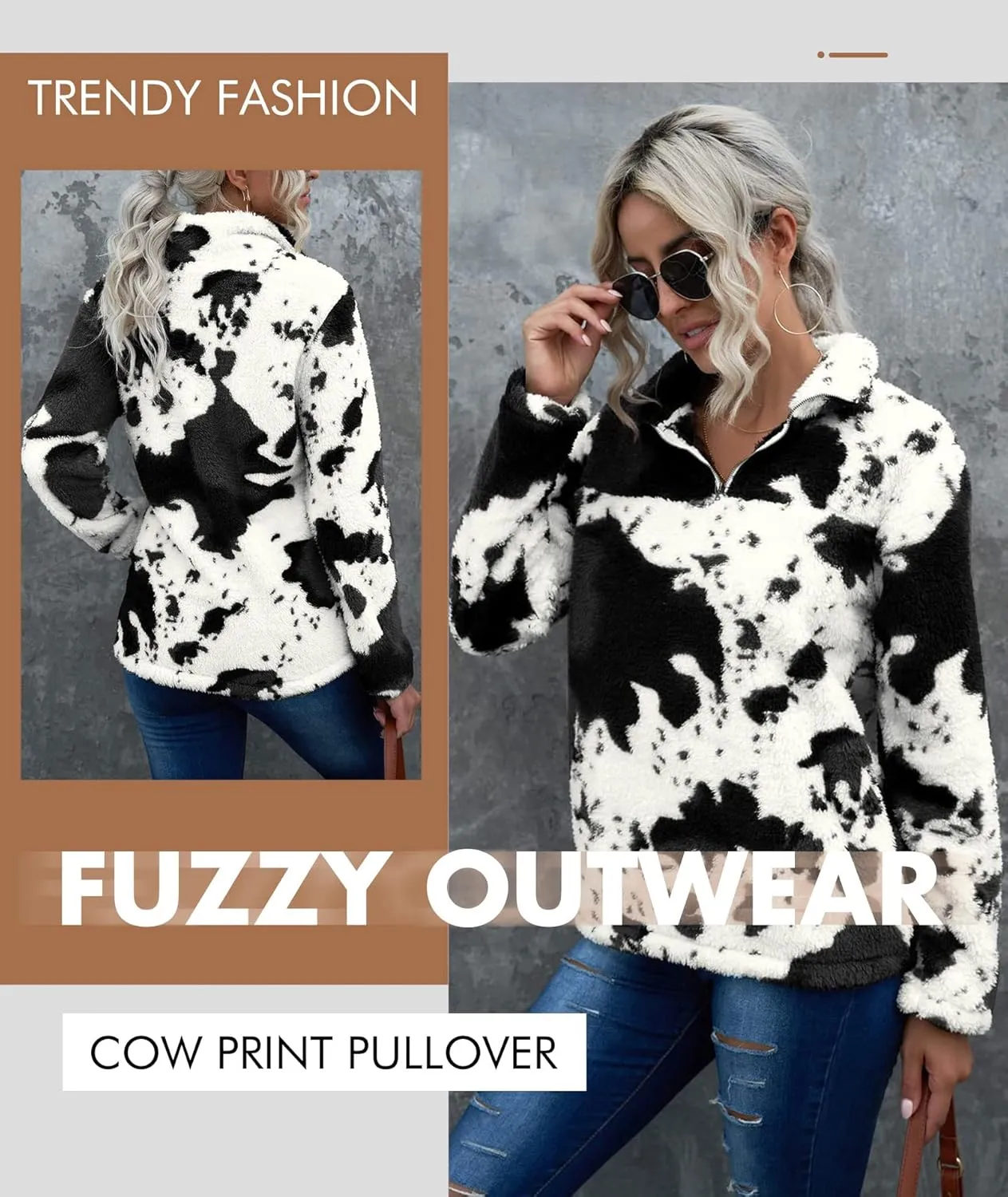 EARKOHA Womens Plus Size Long Sleeve Casual Zip Collar Cow Print Fleece Jacket Tops