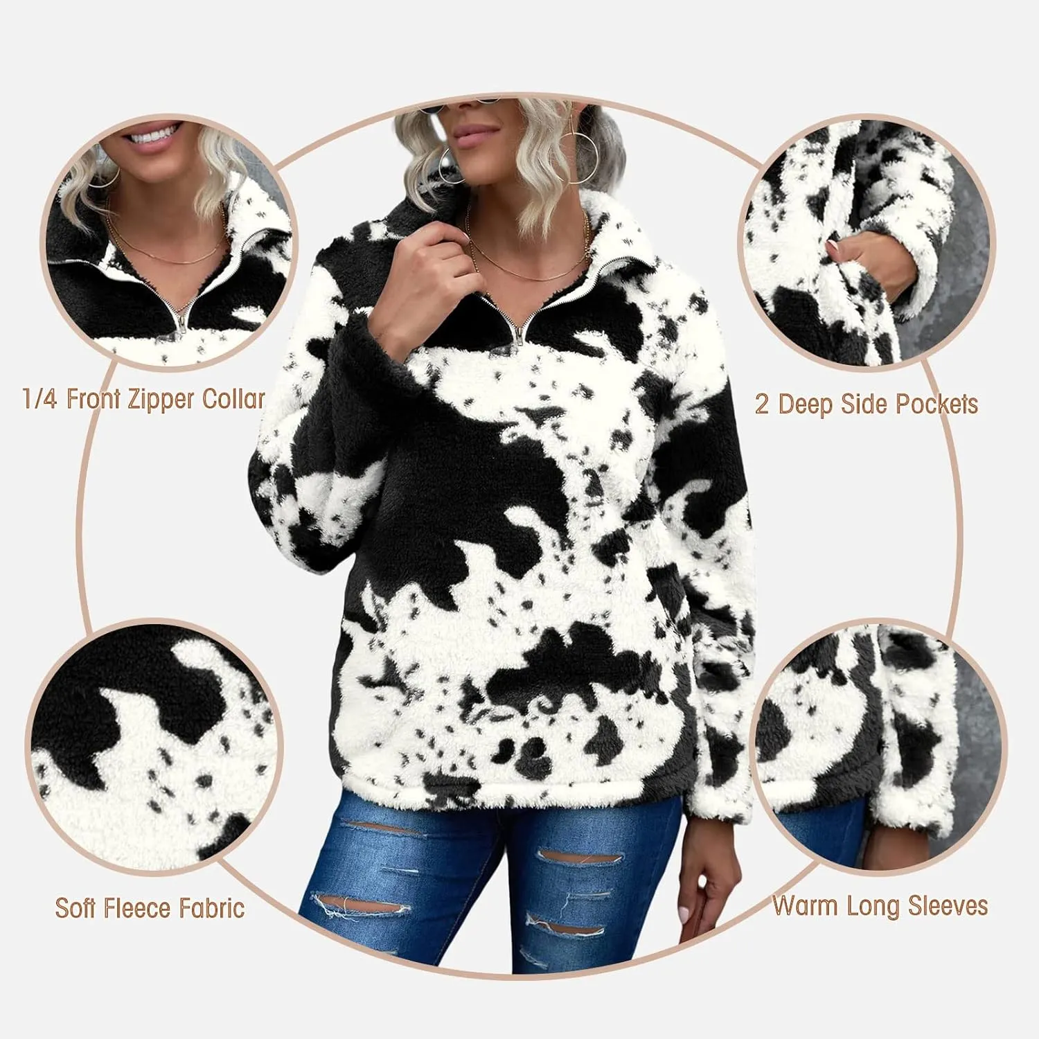 EARKOHA Womens Plus Size Long Sleeve Casual Zip Collar Cow Print Fleece Jacket Tops