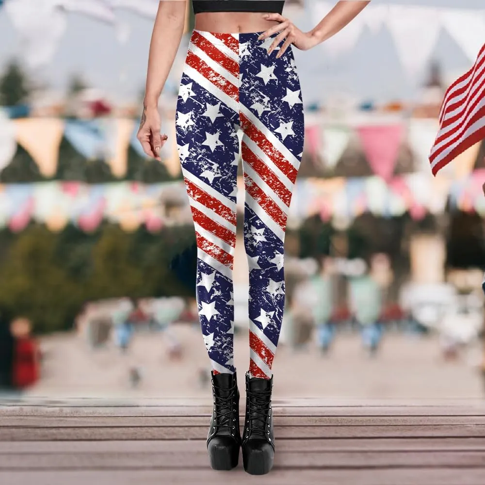 Eciodci Women's American Flag Leggings USA 4th of July Patriotic Stripes High Waist Soft Stretchy Yoga Pants
