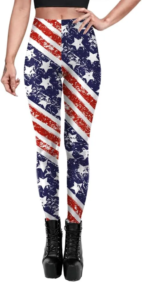 Eciodci Women's American Flag Leggings USA 4th of July Patriotic Stripes High Waist Soft Stretchy Yoga Pants