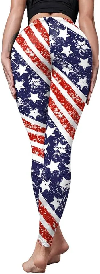 Eciodci Women's American Flag Leggings USA 4th of July Patriotic Stripes High Waist Soft Stretchy Yoga Pants