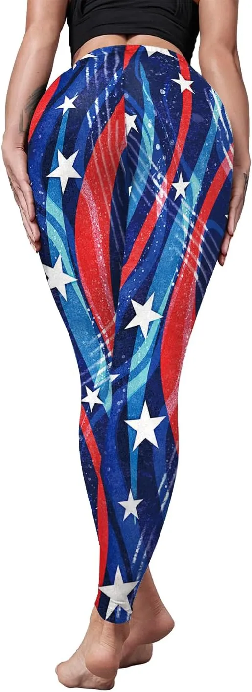 Eciodci Women's American Flag Leggings USA 4th of July Patriotic Stripes High Waist Soft Stretchy Yoga Pants