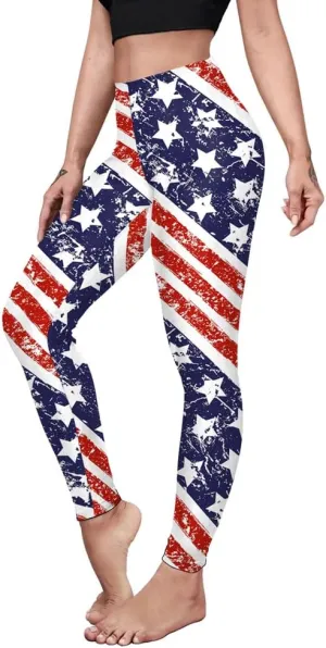 Eciodci Women's American Flag Leggings USA 4th of July Patriotic Stripes High Waist Soft Stretchy Yoga Pants