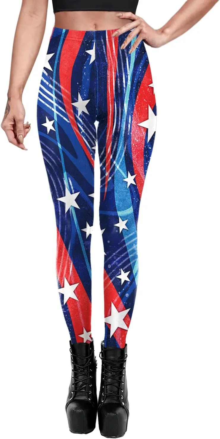 Eciodci Women's American Flag Leggings USA 4th of July Patriotic Stripes High Waist Soft Stretchy Yoga Pants