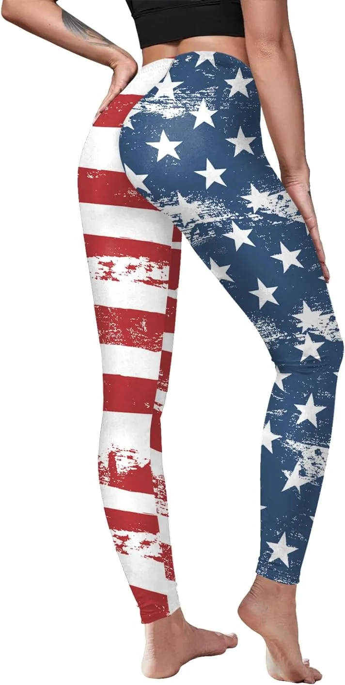 Eciodci Women's American Flag Leggings USA 4th of July Patriotic Stripes High Waist Soft Stretchy Yoga Pants
