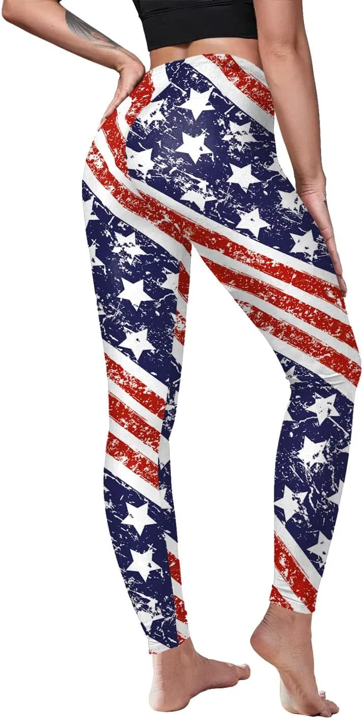 Eciodci Women's American Flag Leggings USA 4th of July Patriotic Stripes High Waist Soft Stretchy Yoga Pants