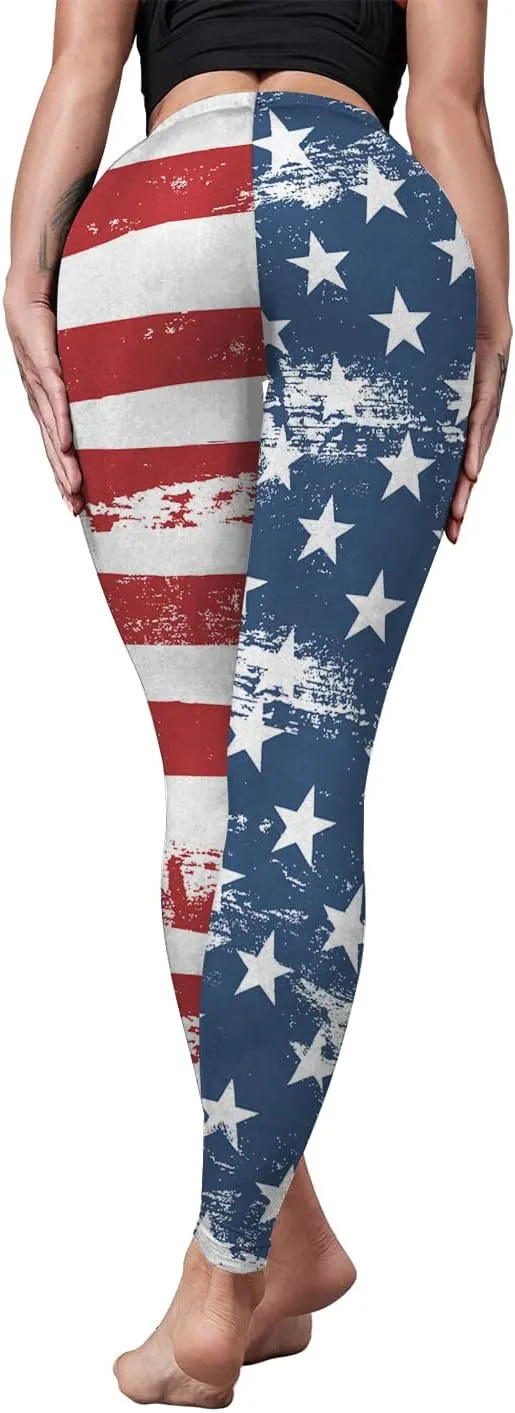 Eciodci Women's American Flag Leggings USA 4th of July Patriotic Stripes High Waist Soft Stretchy Yoga Pants