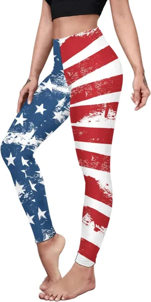 Eciodci Women's American Flag Leggings USA 4th of July Patriotic Stripes High Waist Soft Stretchy Yoga Pants